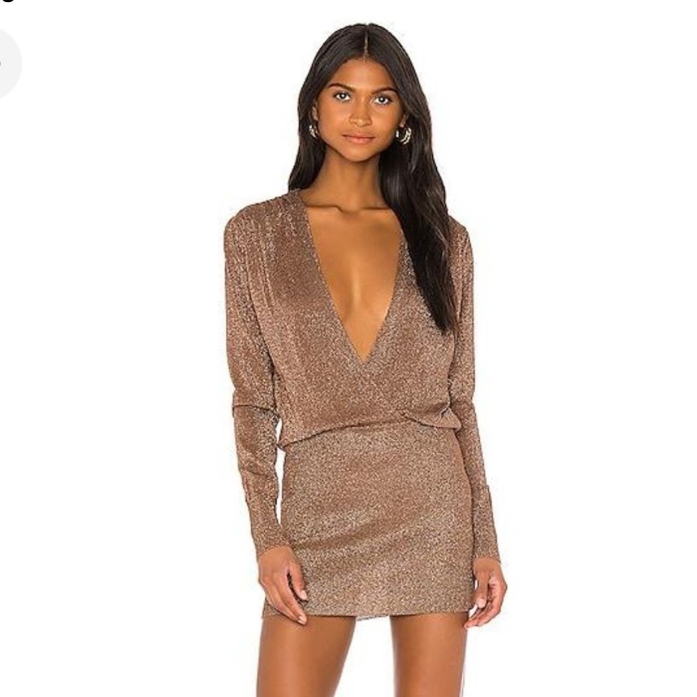 REVOLVE Metallic Bronze Deep V Mini Dress